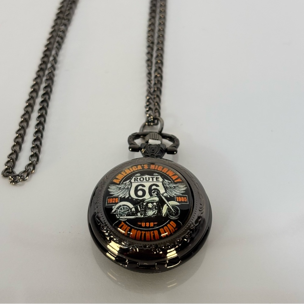 Route 66 Motorcycle Pocket Watch Necklace - Black & Orange